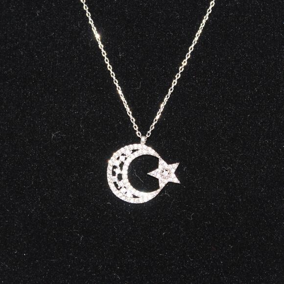 Brilliant Crystal 925 Sterling Silver Moon & Star Necklace Turkish Flag - Picture 6 of 11